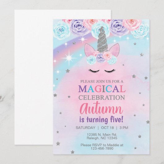 Eenhoorn blauw roze paars zilveren verjaardagsuitn kaart (Voorkant / Achterkant)