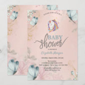 Eenhoorn Blauwe Vlinders Baby Shower Kaart (Voorkant / Achterkant)