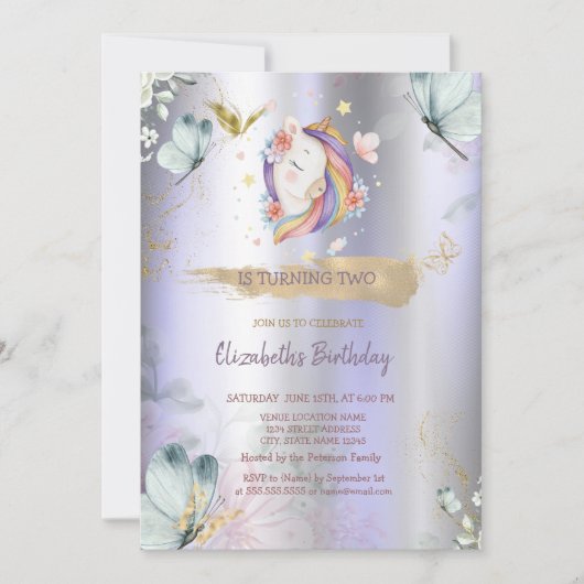 Eenhoorn Blauwe Vlinders Violet Metallic Verjaarda Kaart (Voorkant)