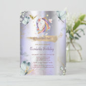 Eenhoorn Blauwe Vlinders Violet Metallic Verjaarda Kaart (Staand voorkant)