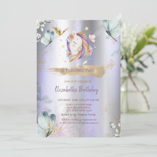 Eenhoorn Blauwe Vlinders Violet Metallic Verjaarda Kaart (Staand voorkant)