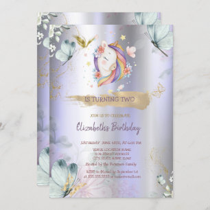 Eenhoorn Blauwe Vlinders Violet Metallic Verjaarda Kaart