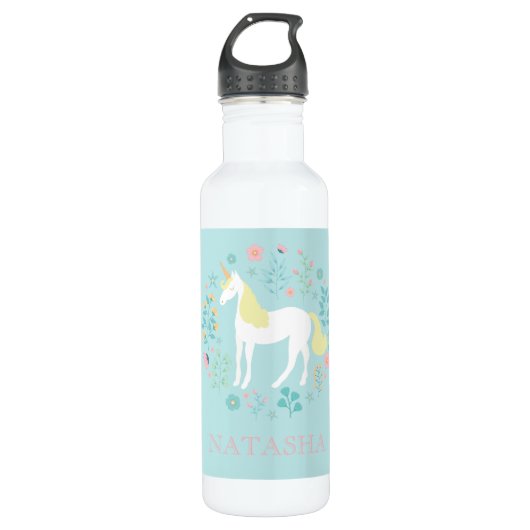  Eenhoorn & Bloemen Aqua gepersonaliseerd Waterfles (Voorkant)