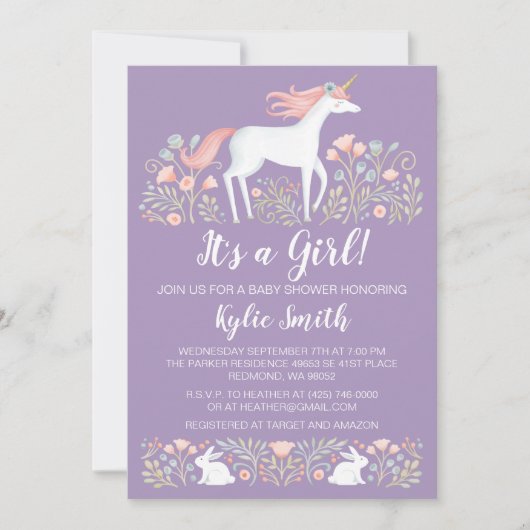 Eenhoorn Bloemen Baby shower Aankondiging (Voorkant)