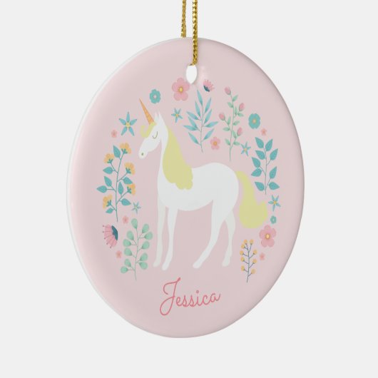 Eenhoorn Bloemen Blush Roze Gepersonaliseerd Keramisch Ornament (Rechts)