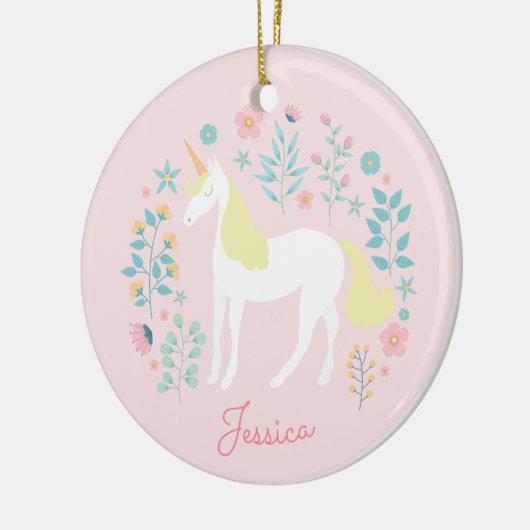 Eenhoorn Bloemen Blush Roze Gepersonaliseerd Keramisch Ornament (Links)