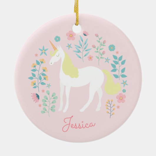 Eenhoorn Bloemen Blush Roze Gepersonaliseerd Keramisch Ornament (Achterkant)