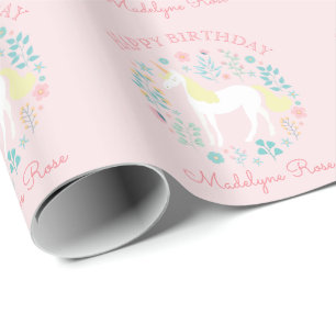 Eenhoorn Bloemen Blush Roze Gepersonaliseerde Verj Cadeaupapier