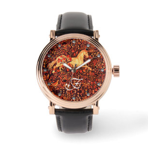 EENHOORN, BLOEMEN, BOSDIEREN Rode Bloemen Monogram Horloge