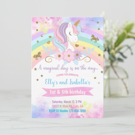 Eenhoorn & bloemen broers en zussen verjaardag uit kaart