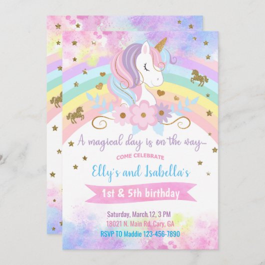 Eenhoorn & bloemen broers en zussen verjaardag uit kaart (Voorkant / Achterkant)