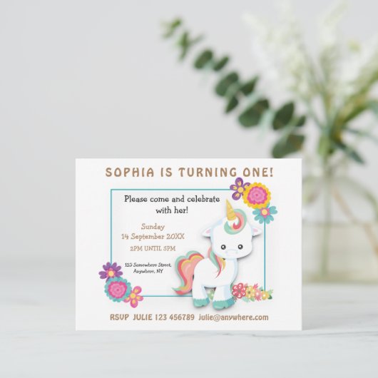 Eenhoorn Bloemen Eerste Verjaardag Uitnodiging Wit (Staand voorkant)