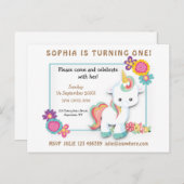 Eenhoorn Bloemen Eerste Verjaardag Uitnodiging Wit (Voorkant / Achterkant)