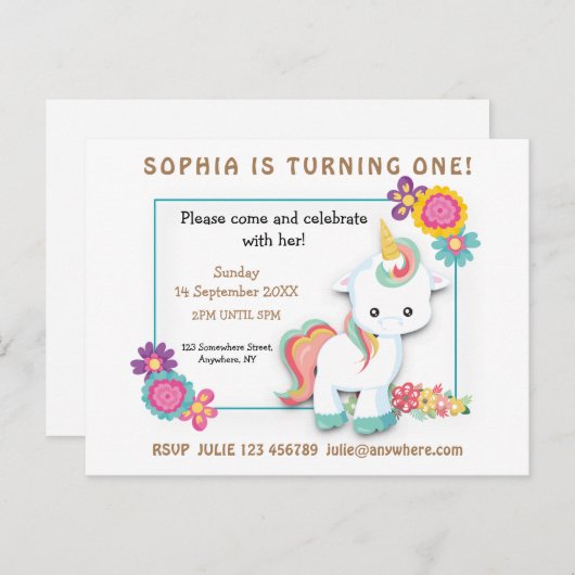 Eenhoorn Bloemen Eerste Verjaardag Uitnodiging Wit (Voorkant / Achterkant)