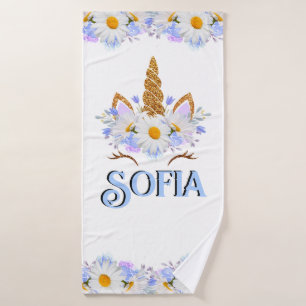 Eenhoorn Bloemen Goud Glitter Gepersonaliseerd Badhanddoek