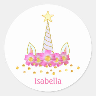 Eenhoorn, bloemen, gouden confetti & kalligrafie ronde sticker