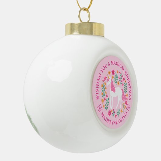 Eenhoorn Bloemen Magische Kerstmis Gepersonaliseer Keramische Bal Ornament (Links)