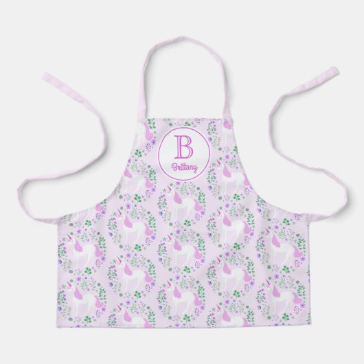Eenhoorn bloemen Monogram naam roze Schort (Voorkant)