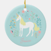 Eenhoorn Bloemen Roze Aqua Gepersonaliseerd Keramisch Ornament (Achterkant)