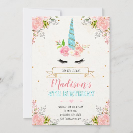 Eenhoorn bloemen uitnodiging (Voorkant)