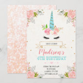 Eenhoorn bloemen uitnodiging (Voorkant / Achterkant)