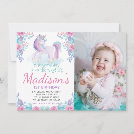 Eenhoorn Bloemen Verjaardag Uitnodiging (Voorkant)