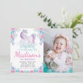 Eenhoorn Bloemen Verjaardag Uitnodiging (Staand voorkant)