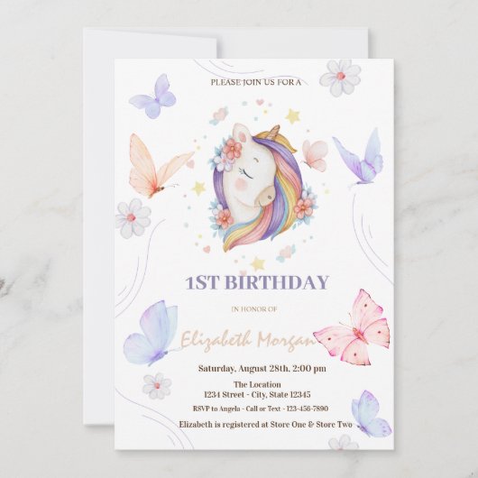 Eenhoorn Bloemen Vlinder Stippen Verjaardag Kaart (Voorkant)