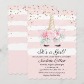 Eenhoorn Bloemen Waterverf Baby shower Uitnodiging (Voorkant / Achterkant)