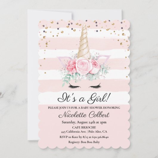 Eenhoorn Bloemen Waterverf Baby shower Uitnodiging (Voorkant)