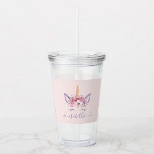 Eenhoorn bloemige waterverf roze meisjesachtig mod acryl drinkbeker