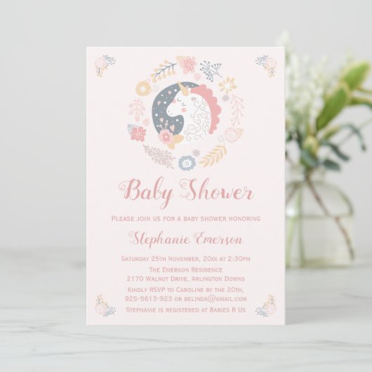 Eenhoorn Blush Florals Baby Douche Uitnodigingen (Staand voorkant)