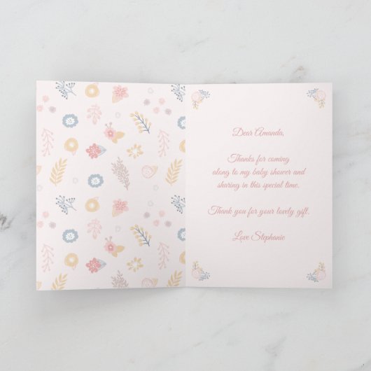 Eenhoorn Blush Florals Baby shower gepersonaliseer Bedankkaart (Binnen)