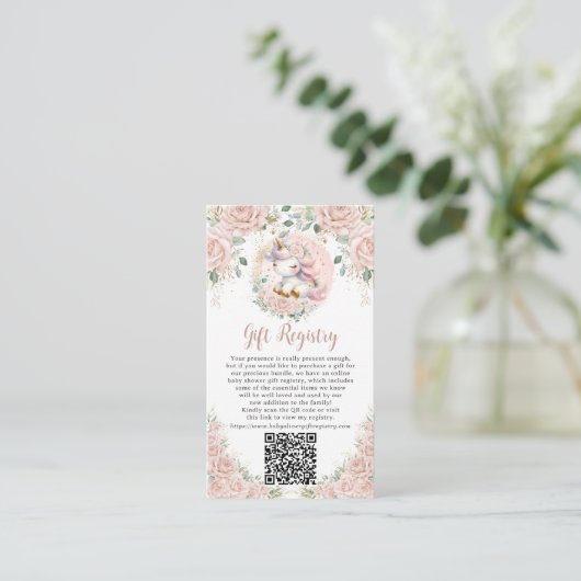 Eenhoorn Blush Roze Bloemen Gift Registry QR Code Informatiekaartje (Staand voorkant)