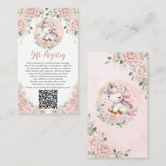 Eenhoorn Blush Roze Bloemen Gift Registry QR Code Informatiekaartje (Voorkant / Achterkant)
