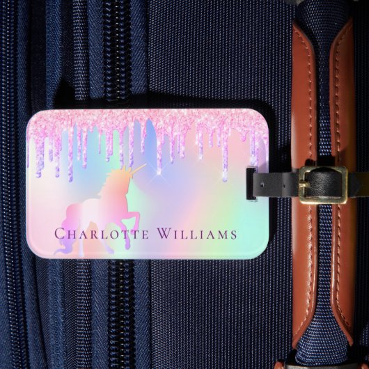 Eenhoorn blush roze holografische naam bagagelabel (Voorkant Insitu 4)