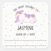 Eenhoorn boek sticker, bookplate, library vierkante sticker (Voorkant)