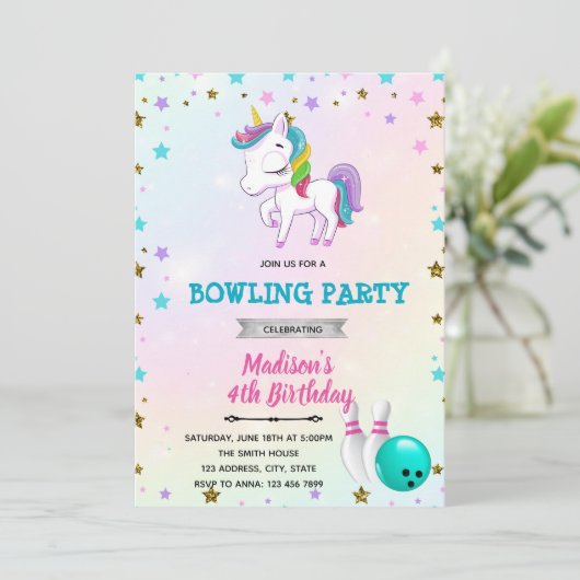 Eenhoorn bowling uitnodiging (Staand voorkant)