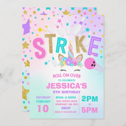 Eenhoorn Bowling Uitnodiging Bowling Verjaardagsfe (Voorkant / Achterkant)
