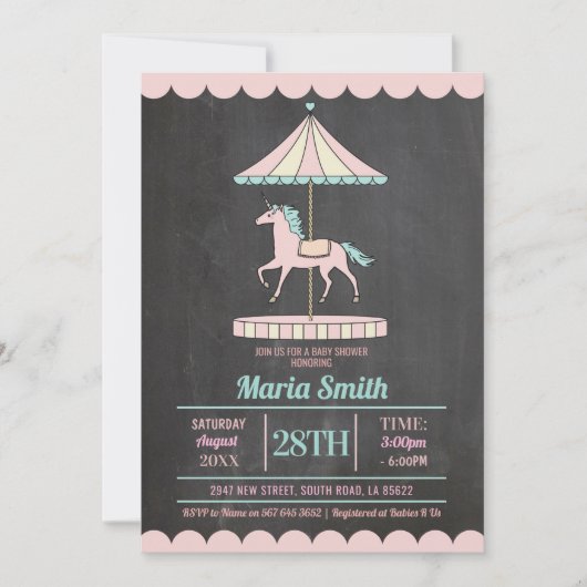 Eenhoorn Carrousel Baby shower Nodig Meisje Roze Kaart (Voorkant)