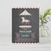 Eenhoorn Carrousel Baby shower Nodig Meisje Roze Kaart (Staand voorkant)