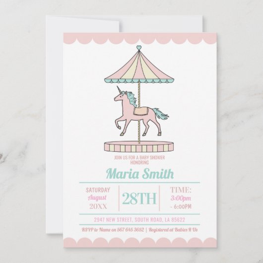 Eenhoorn Carrousel Baby shower Nodig Roze Munt uit Kaart (Voorkant)
