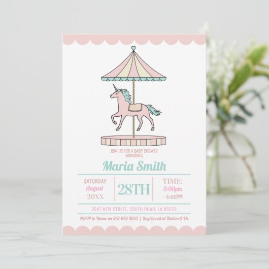 Eenhoorn Carrousel Baby shower Nodig Roze Munt uit Kaart (Staand voorkant)