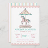 Eenhoorn Carrousel Verjaardag Uitnodiging Roze Mun (Voorkant / Achterkant)