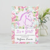 Eenhoorn Cartoon Pink Circle Het is een meisje! Kaart (Staand voorkant)