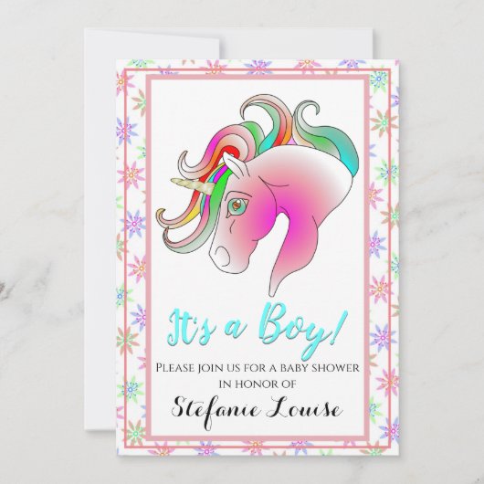 Eenhoorn Cartoon Regenboog Het is een jongen! (gou Kaart (Voorkant)