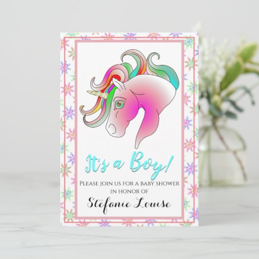 Eenhoorn Cartoon Regenboog Het is een jongen! (gou Kaart (Staand voorkant)
