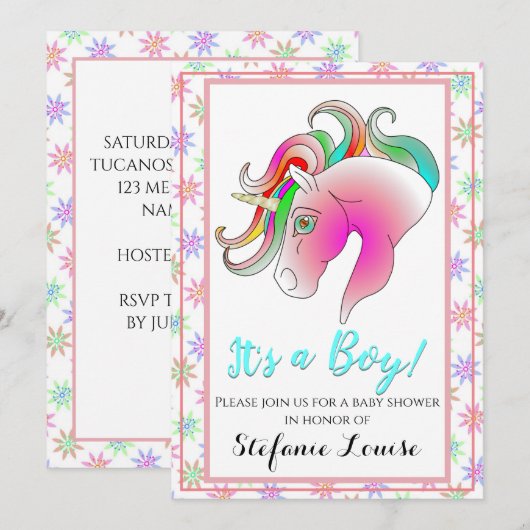 Eenhoorn Cartoon Regenboog Het is een jongen! (gou Kaart (Voorkant / Achterkant)