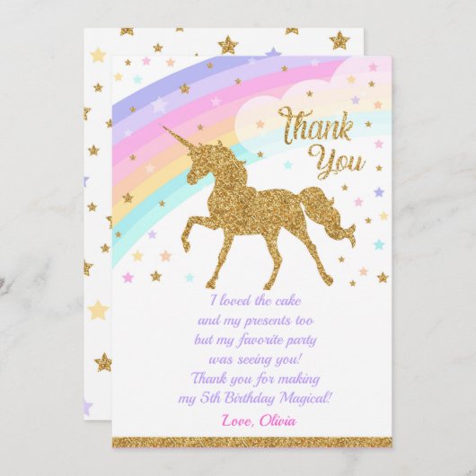 Eenhoorn Dank u kaart, Verjaardag Dank u kaart (Voorkant / Achterkant)