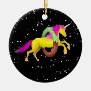 Eenhoorn die door een donut springt keramisch ornament